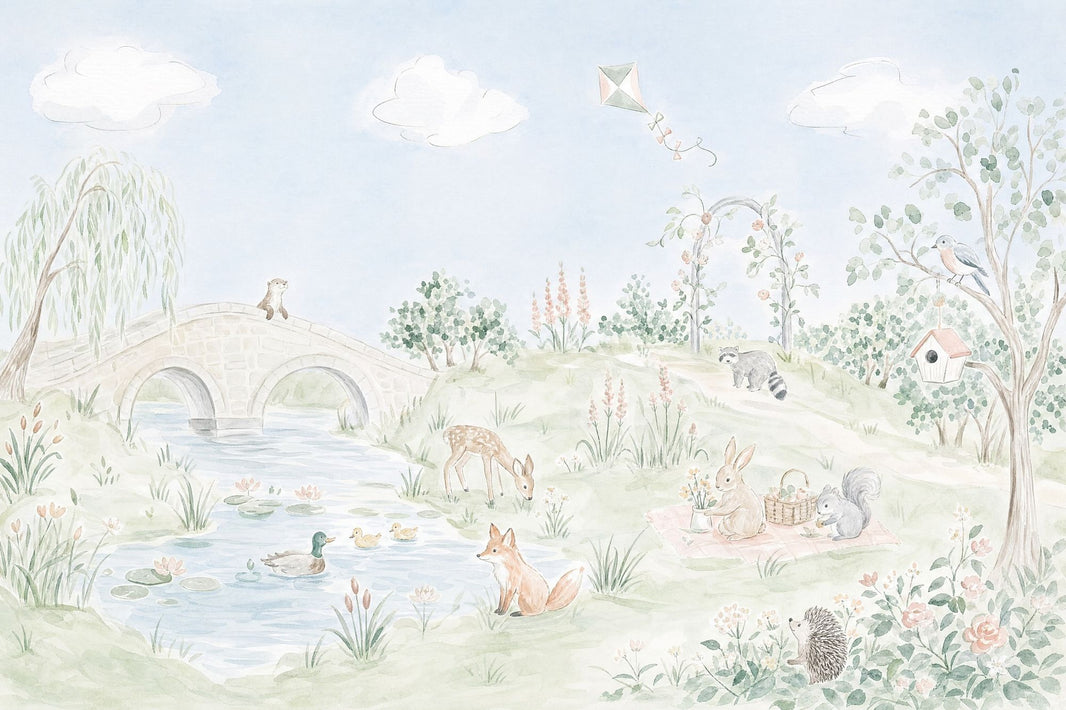 Watercolor Landscape Wallpaper Woodland Animals Removable Pond Wall Decor pattern artwork