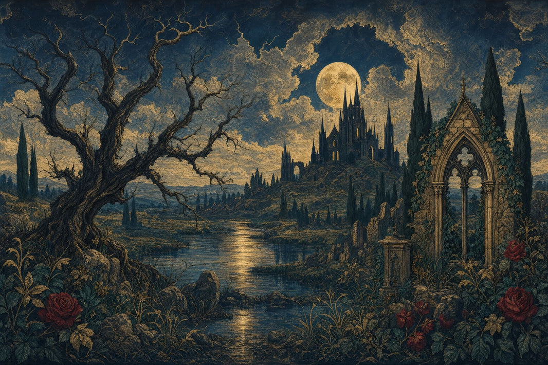 Dark Gothic Landscape Wallpaper Moonlit Castle Twisted Tree Wall Mural pattern artwork