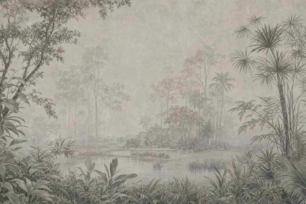 Misty Forest Wallpaper Tropical Jungle Vintage Landscape Wall Mural pattern artwork