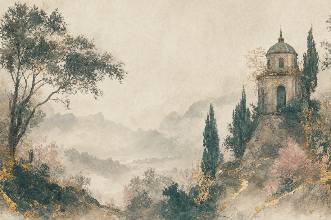 Muted Green Wallpaper Misty Mountains Stone Villa Wall Mural pattern artwork
