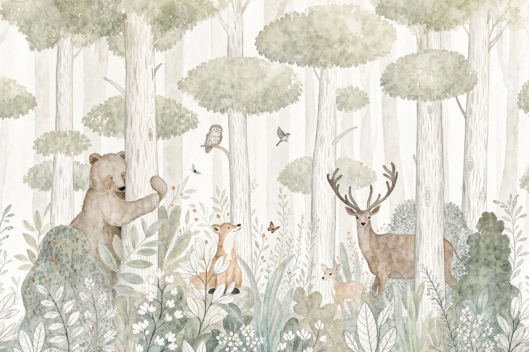 Watercolor Woodland Wallpaper Forest Animals Sage Green Removable Wall Decor pattern artwork