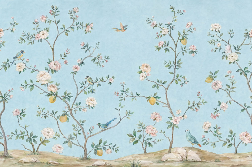 Chinoiserie Wallpaper Light Blue Removable Lemon Tree Wall Decor pattern artwork