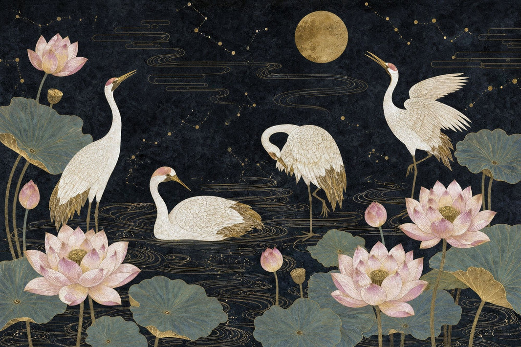 Cranes Wallpaper Lotus Chinoiserie Removable Wall Decor pattern artwork