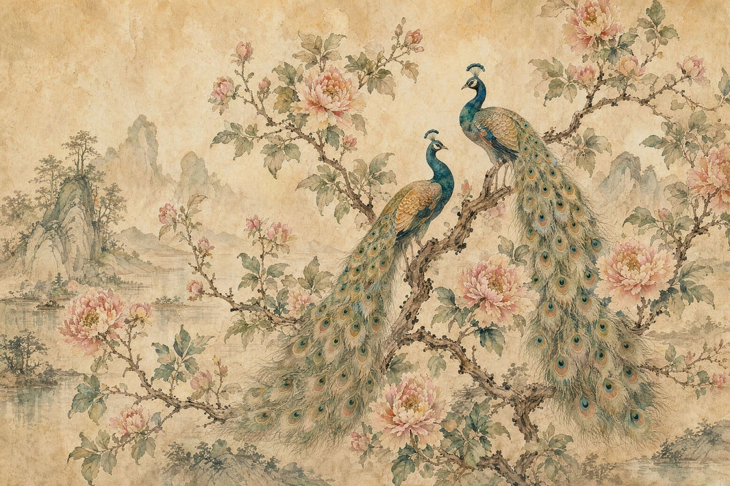 Chinoiserie Wallpaper Peacocks Peonies Wall Mural pattern artwork
