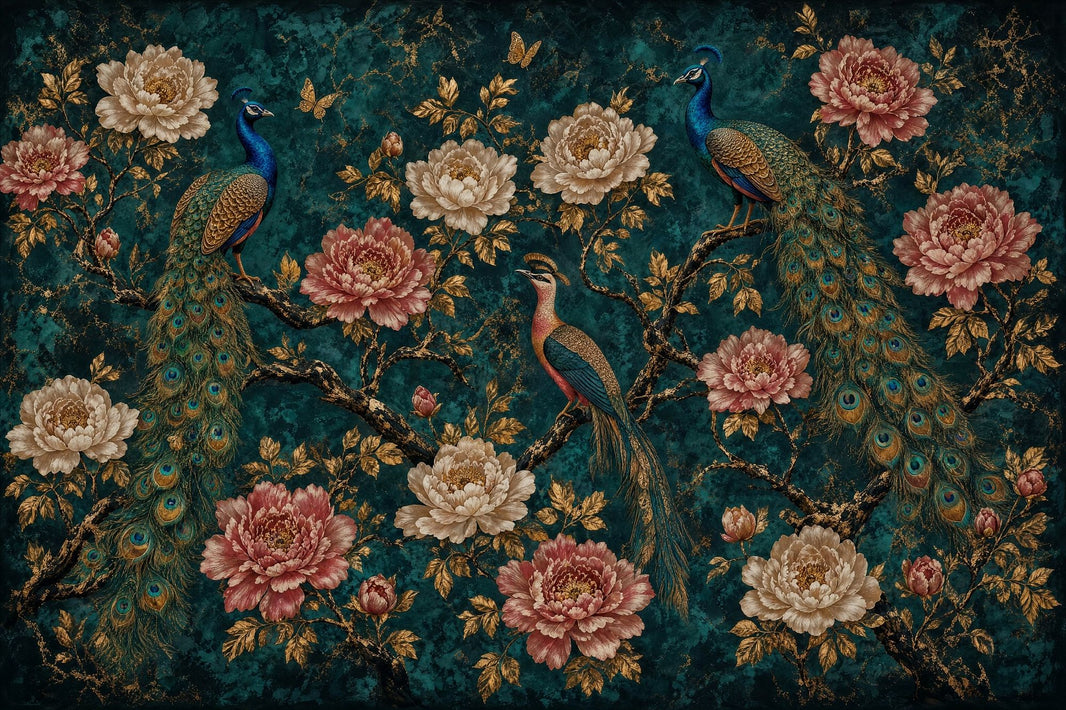 Peacock Wallpaper Dark Teal Background Chinoiserie Removable Wall Decor pattern artwork