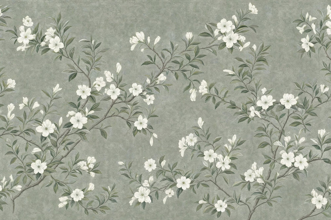 Floral Wallpaper Sage Green White Blossoms Removable Wall Decor pattern artwork