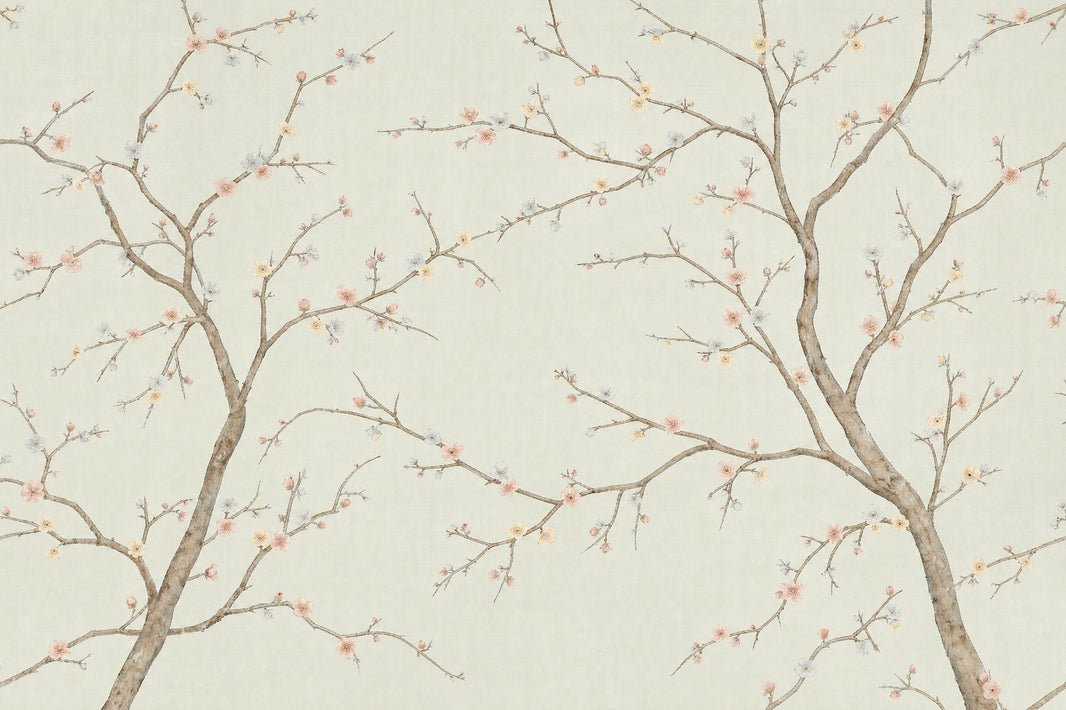 Cherry Blossoms Wallpaper Flowering Branches Ivory Background Wall Mural pattern artwork