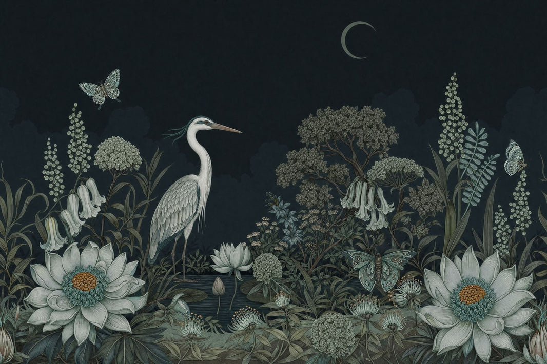 Dark Botanical Wallpaper Floral Landscape Heron Wall Mural pattern artwork