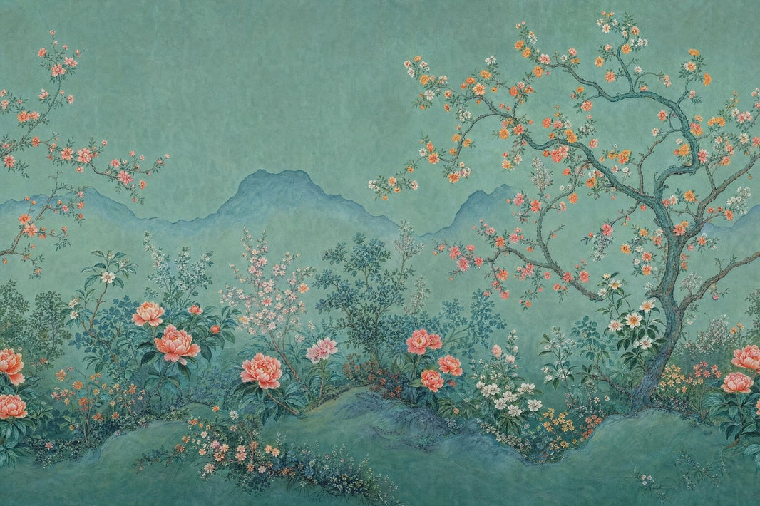 Chinoiserie Wallpaper Floral Landscape Teal Background Wall Mural pattern artwork