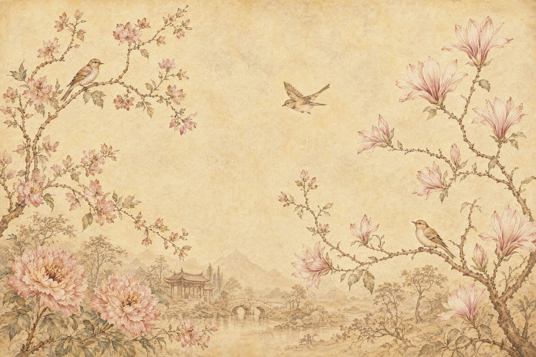 Muted Green Wallpaper Scenic Landscape Chinoiserie Wall Mural pattern artwork