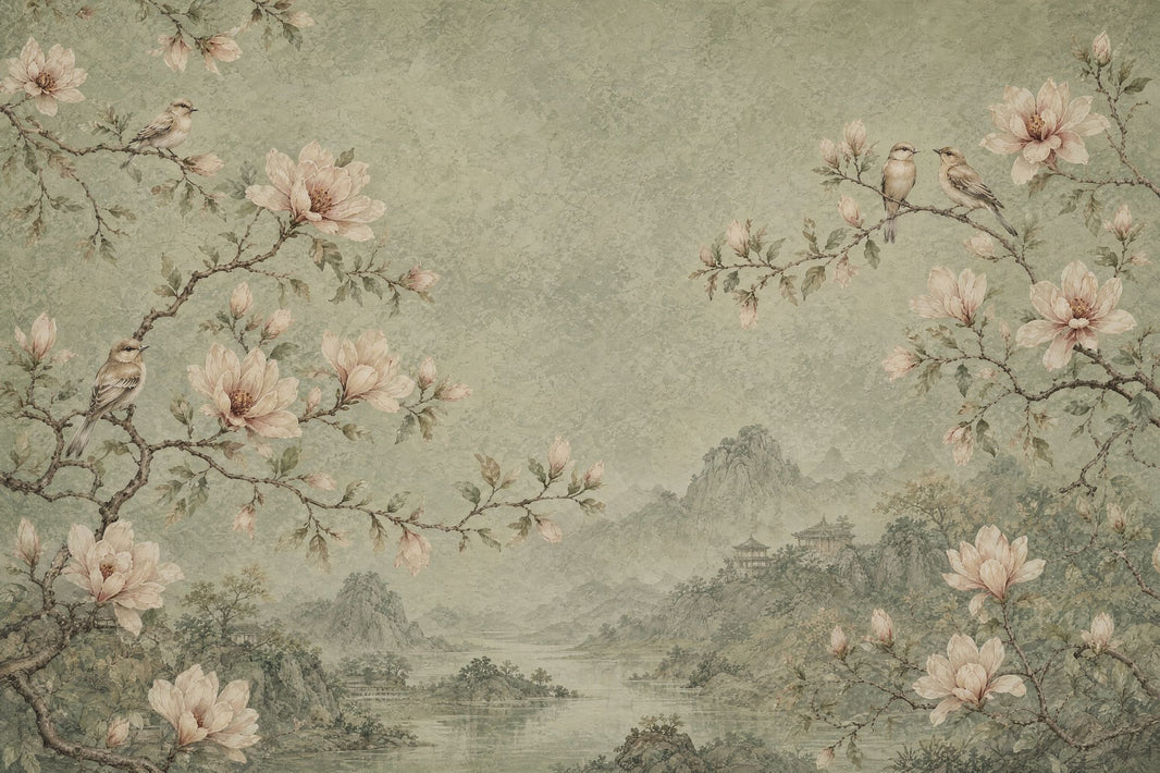 Muted Green Wallpaper Scenic Landscape Removable Wall Decor pattern artwork