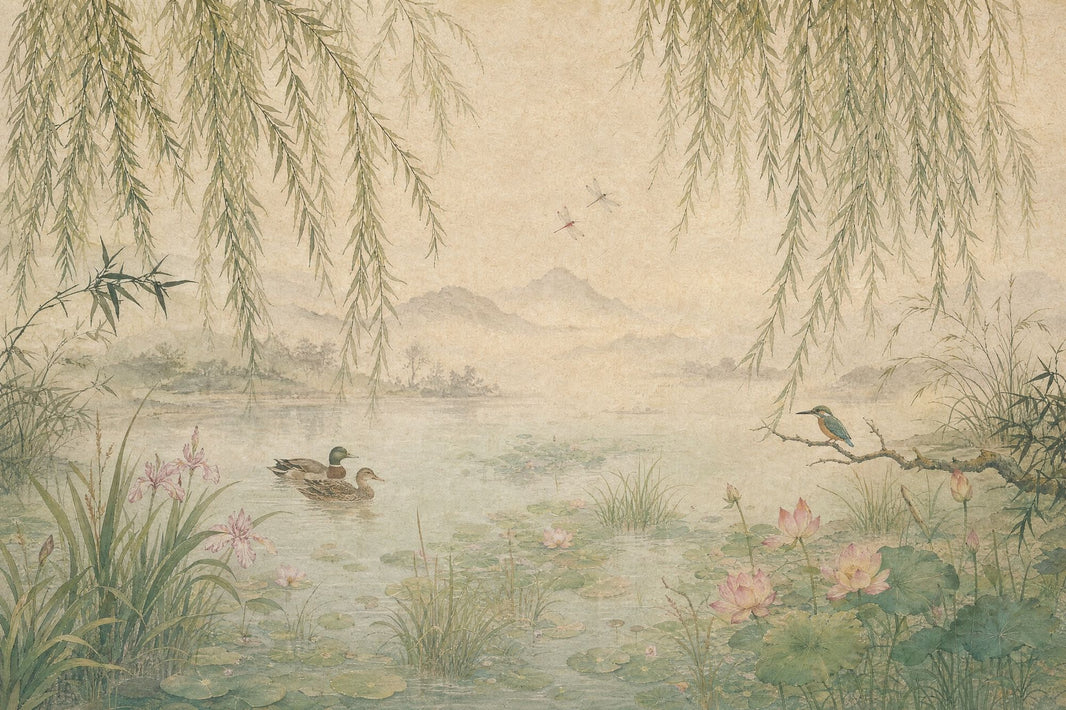 Willow Wallpaper Pond Lotus Wall Mural pattern artwork