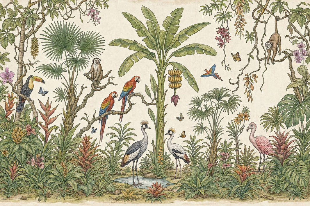 Tropical Jungle Wallpaper Botanical Exotic Birds Removable Wall Decor pattern artwork