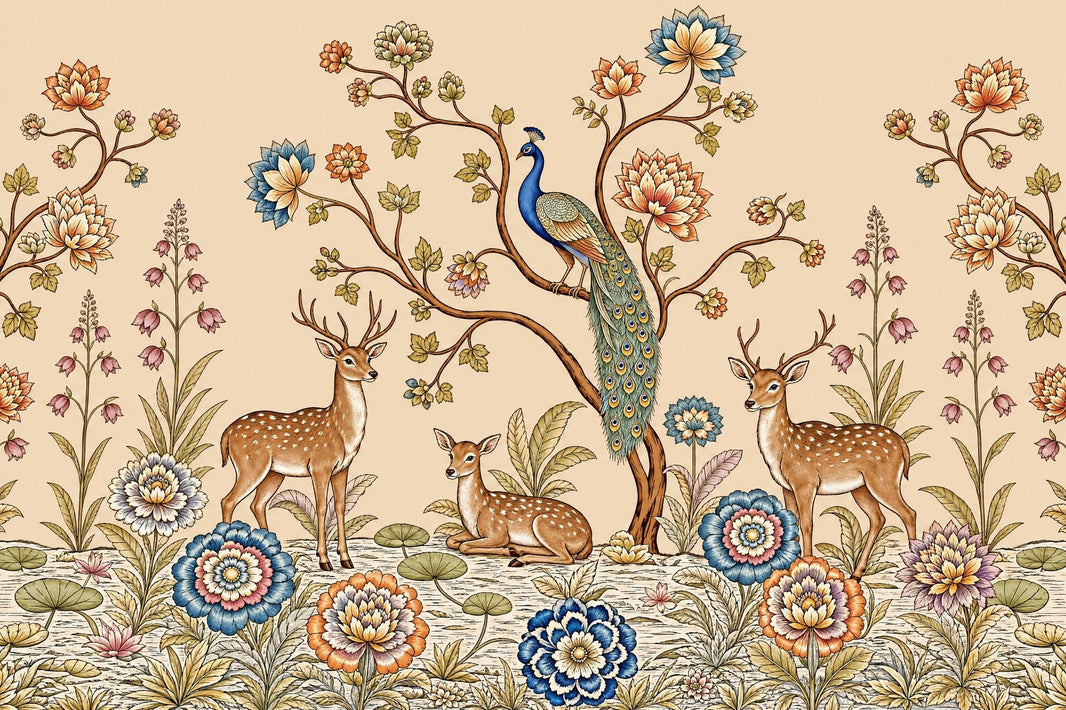 Peacock Wallpaper Deer Removable Chinoiserie Wall Decor pattern artwork