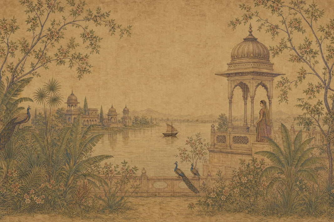 Indian Landscape Wallpaper Mughal Garden Peacock Wall Mural pattern artwork