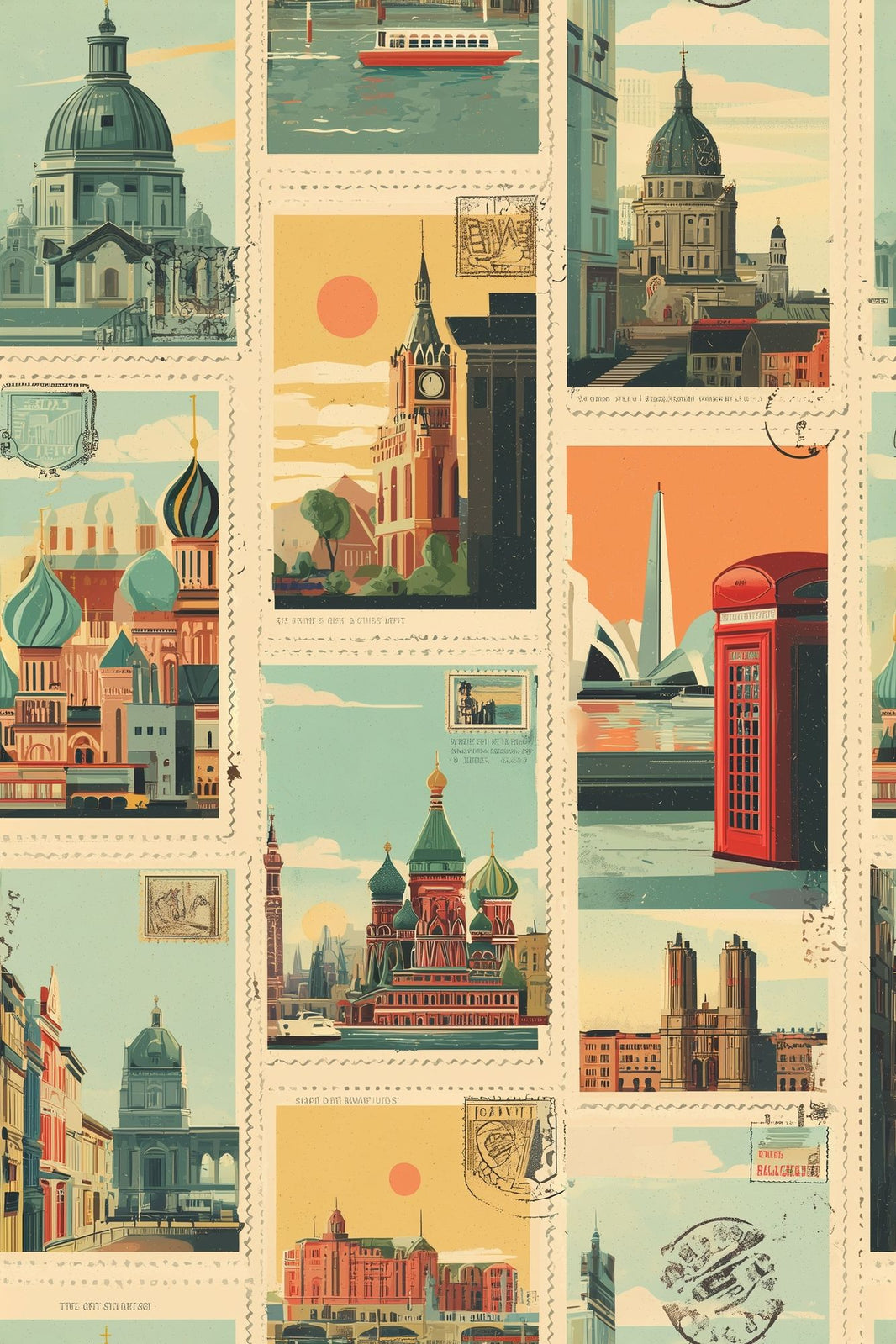 Vintage Travel Wallpaper Postage Stamps City Landmarks Decorative Mural pattern artwork