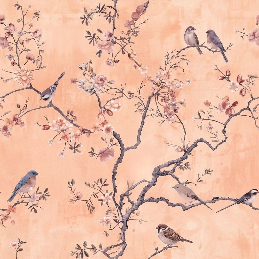 Chinoiserie Wallpaper Blossom Branches Removable Birds Wall Double Roll pattern artwork