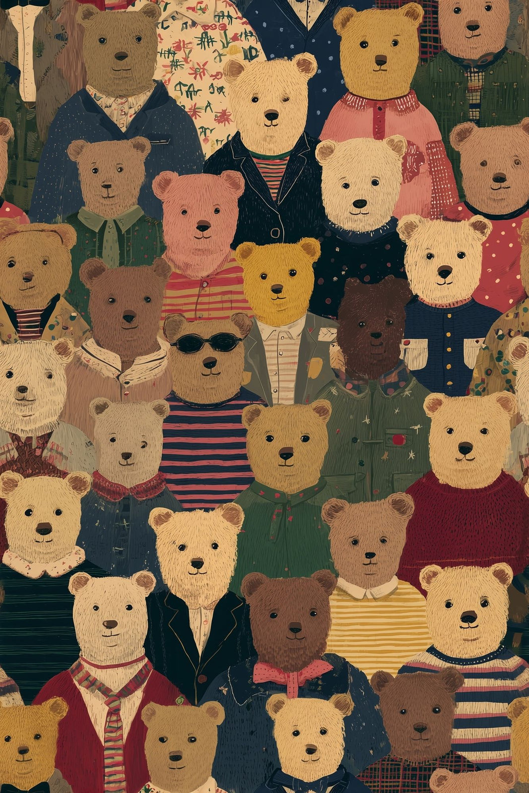 Teddy Bears Wallpaper Animal Characters Vintage Illustration Decorative Mural pattern artwork