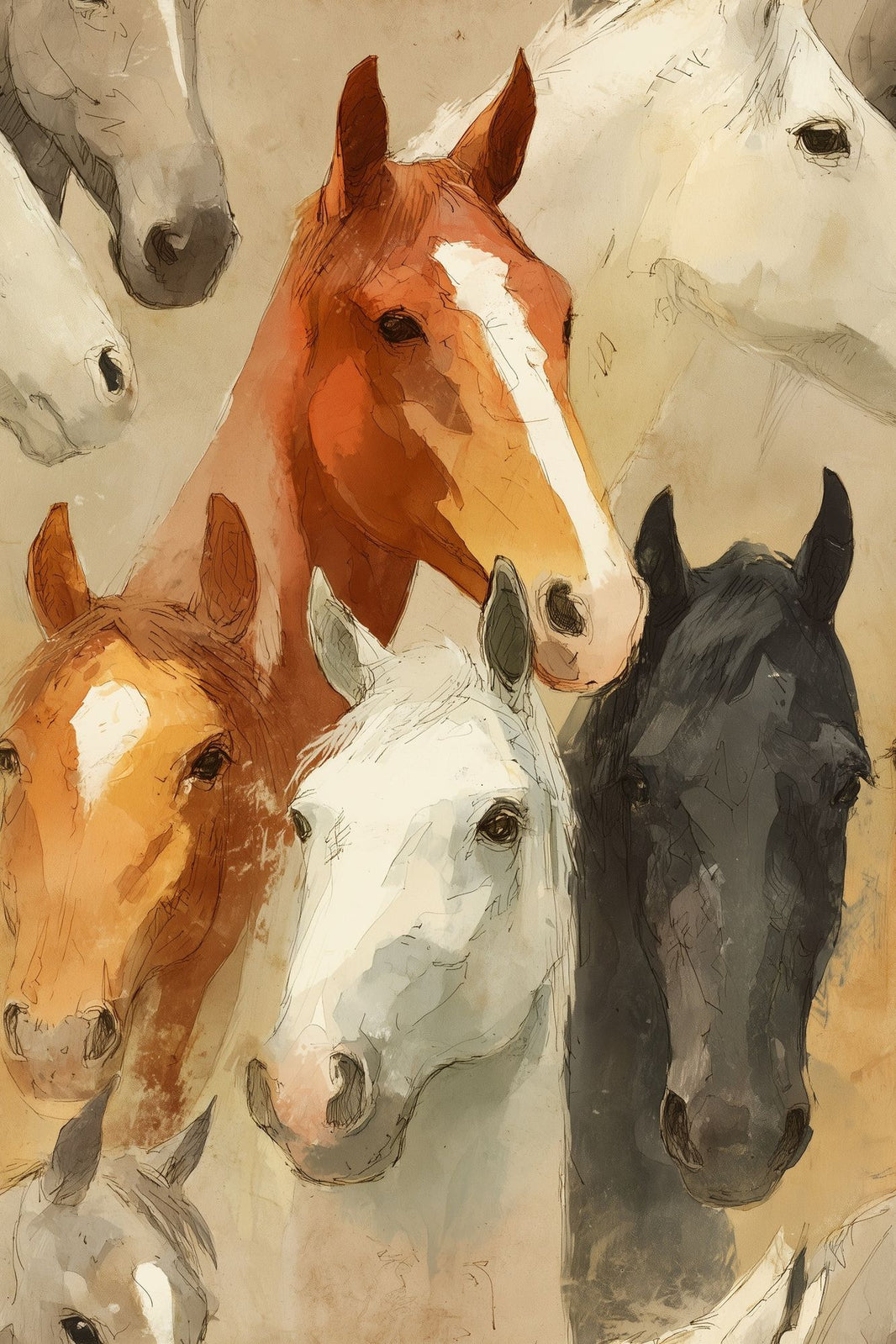 Equestrian Wallpaper Horses Watercolor Removable Wall Decor pattern artwork