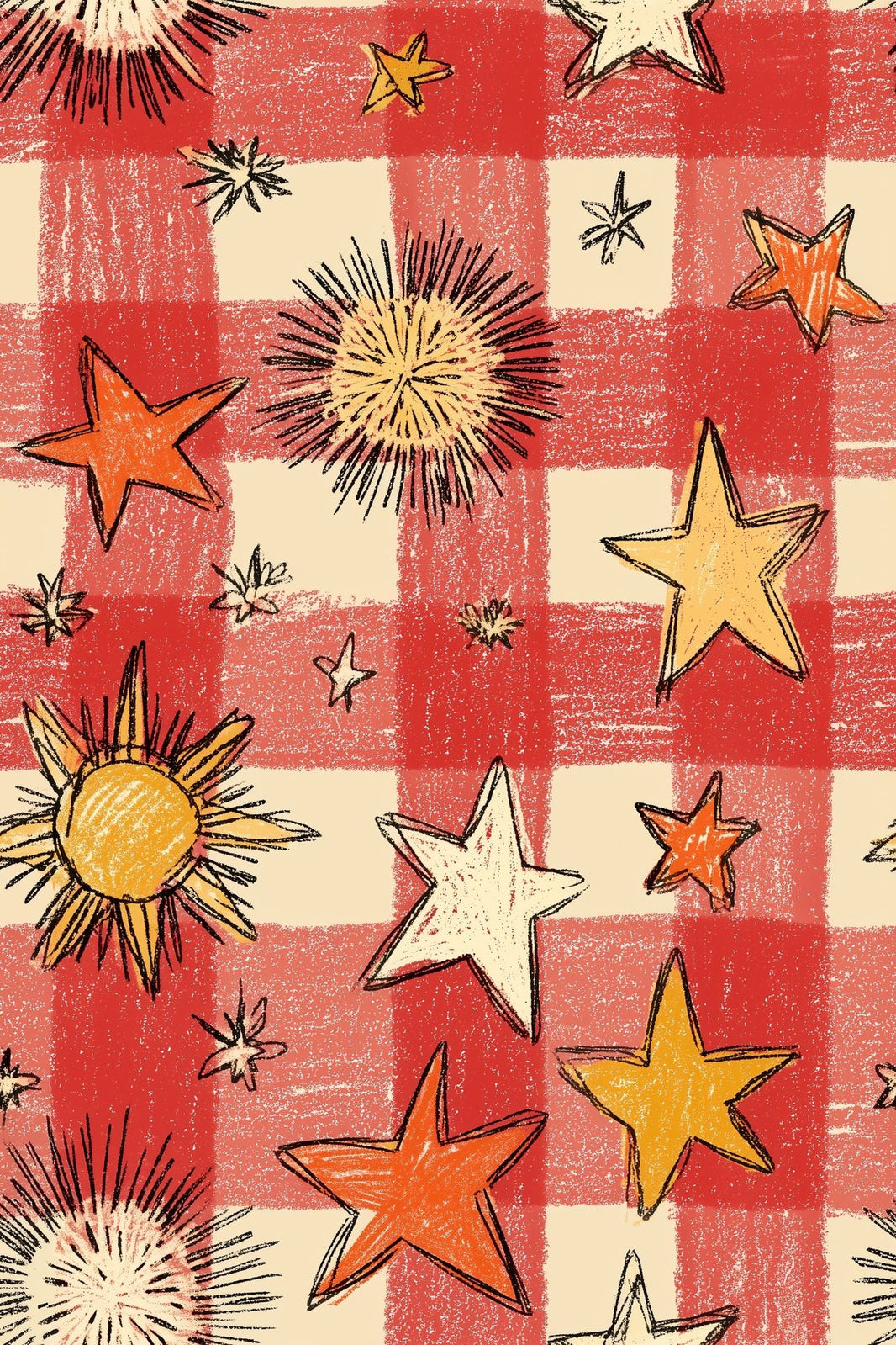 Red Gingham Wallpaper Stars Sunburst Removable Wall Decor pattern artwork