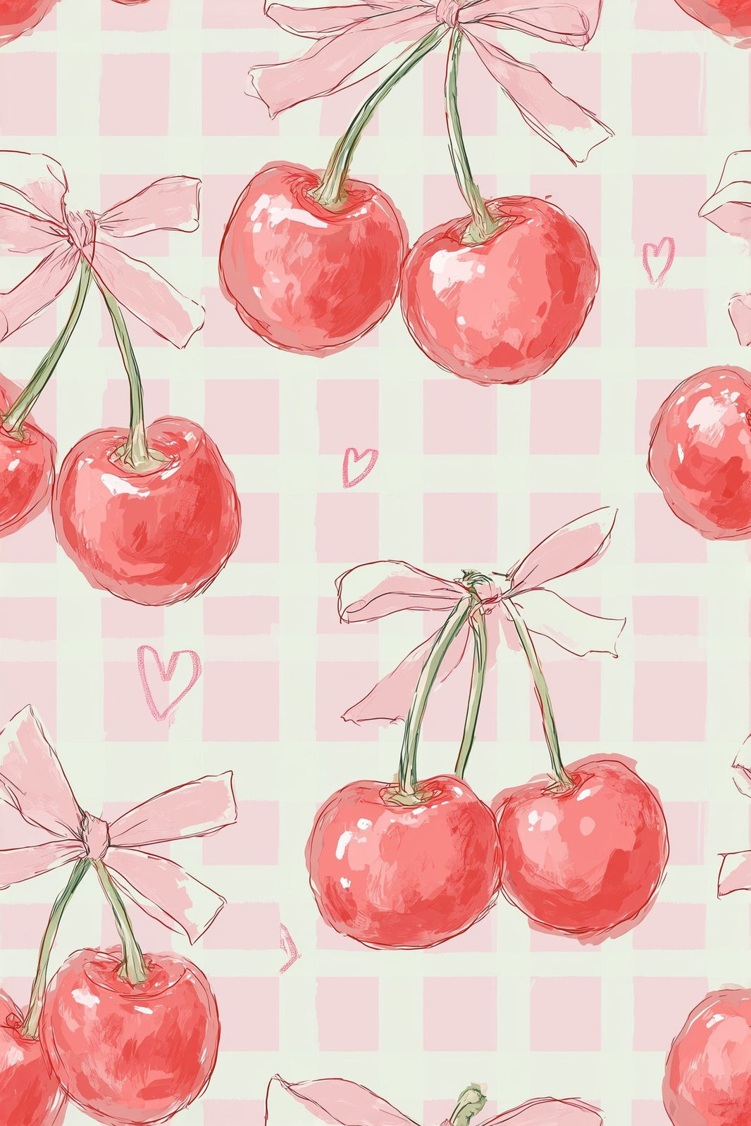 Cherries Wallpaper Pink Gingham Decorative Mural pattern artwork