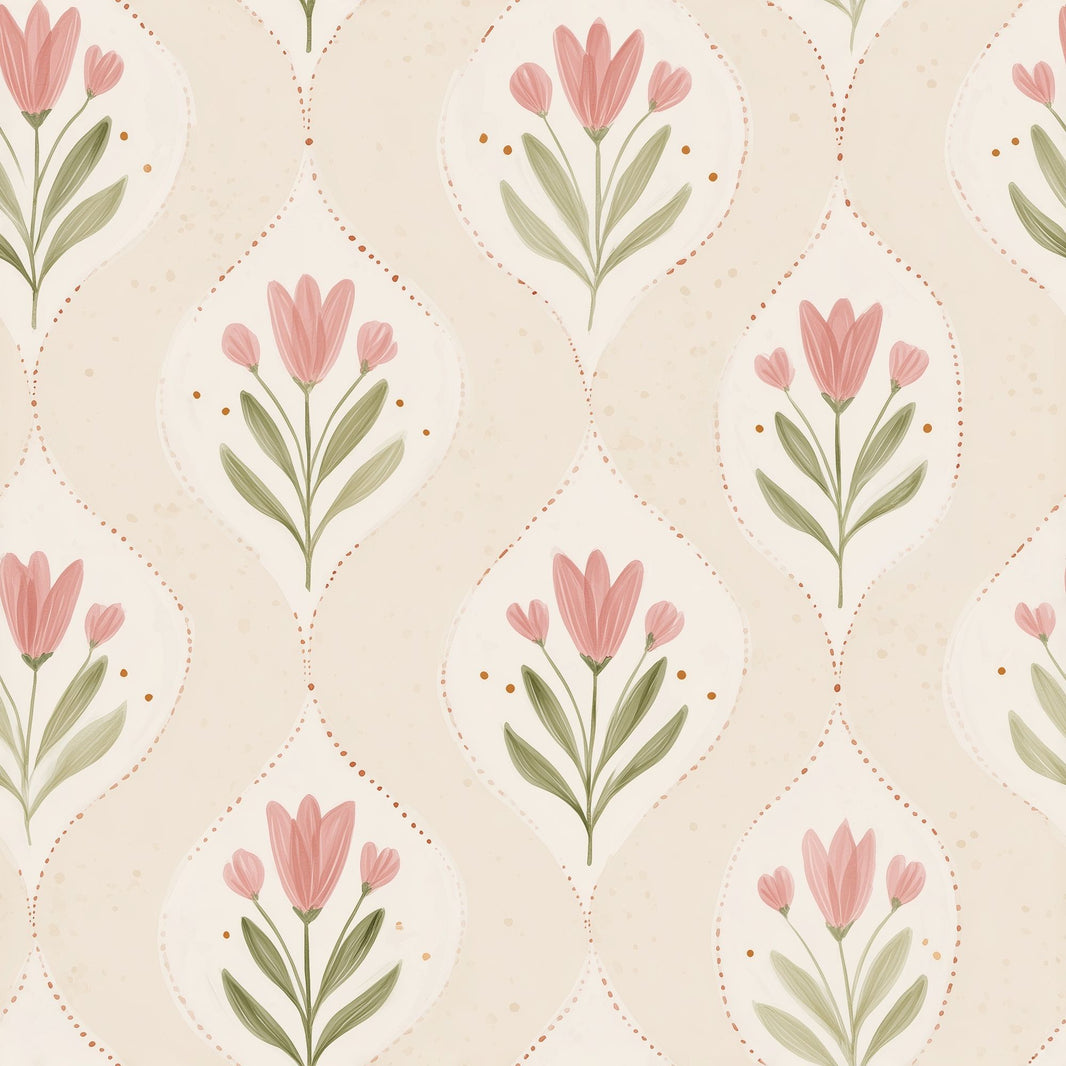 Vintage Garden Wallpaper Tulips Dotted Trellis Decorative Mural pattern artwork