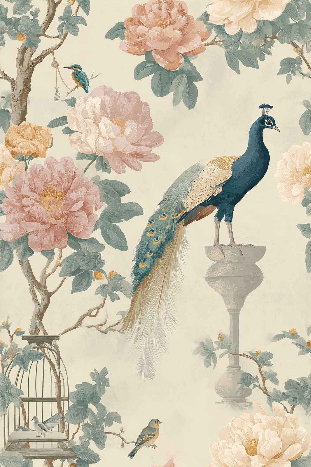 Vintage Floral Wallpaper Peony Blossoms Soft Pastel Decorative Mural pattern artwork