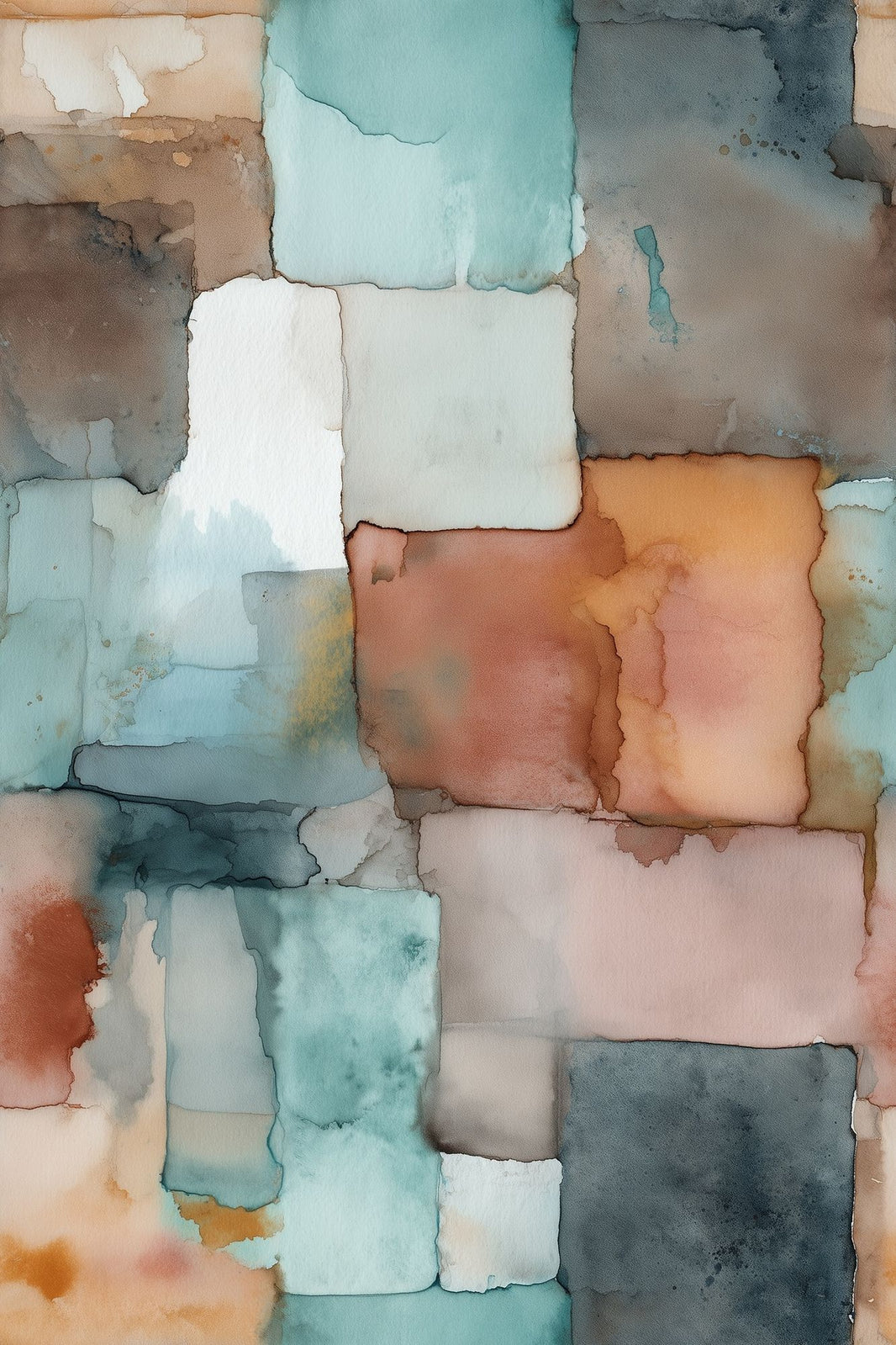 Abstract Watercolor Wallpaper Geometric Blocks Removable Teal And Terracotta Wall Double Roll pattern artwork