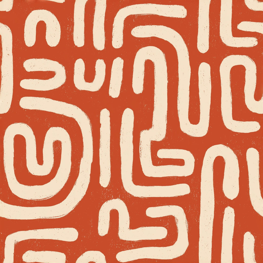 Geometric Maze Wallpaper Terracotta Orange Cream Lines Decorative Mural pattern artwork