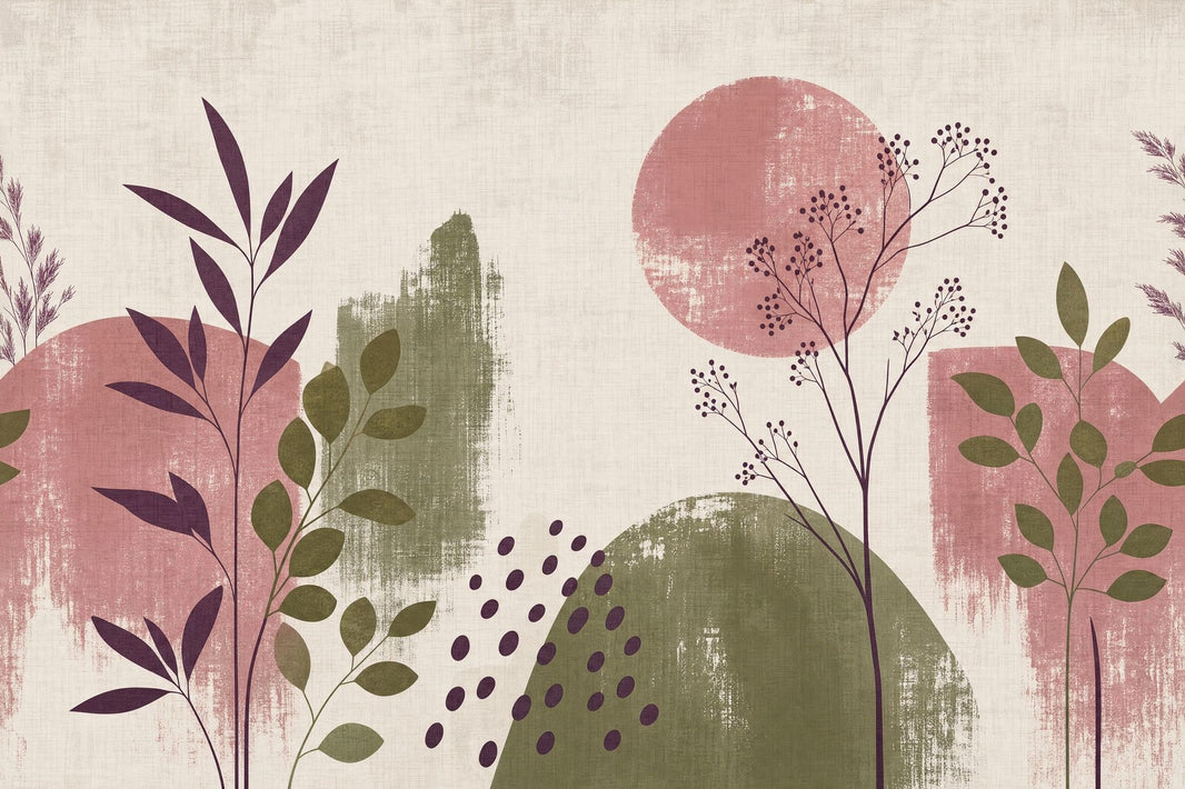 Abstract Botanical Stems Wallpaper Linen Texture Wall Mural pattern artwork
