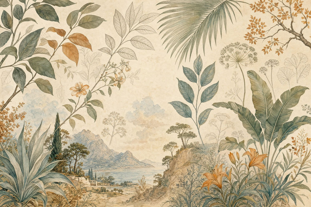 Tropical Botanical Landscape Wallpaper Vintage Panorama Wall Mural pattern artwork