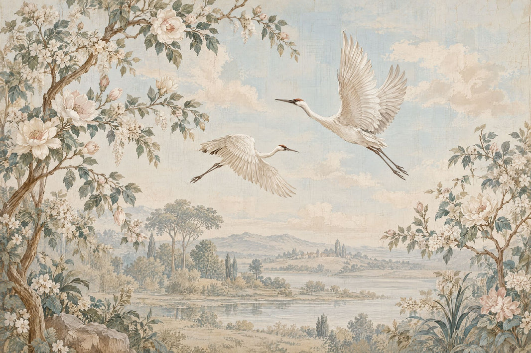 Flying Cranes Wallpaper Chinoiserie Landscape Wall Mural pattern artwork