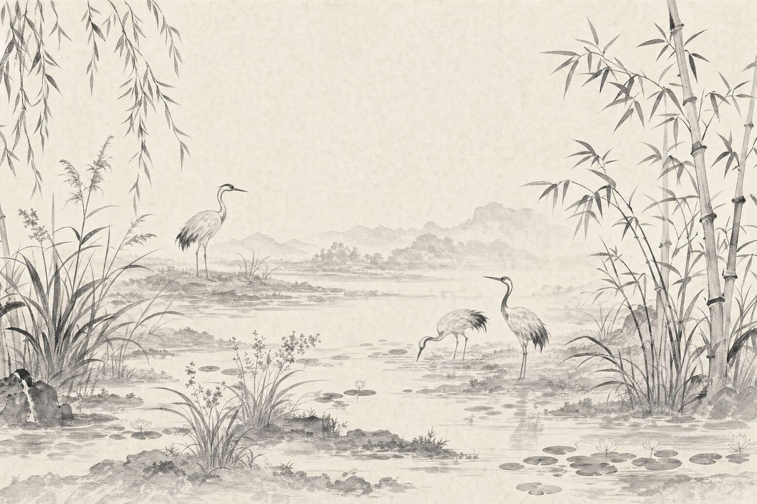Bamboo Cranes Pond Wallpaper Ink Wash Wall Mural pattern artwork