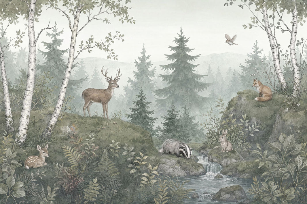 Woodland Animals Wallpaper Misty Forest Wall Mural pattern artwork