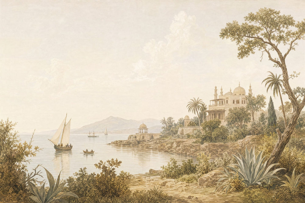 Vintage Coastal Scenery Wallpaper Mediterranean Palace Wall Mural pattern artwork