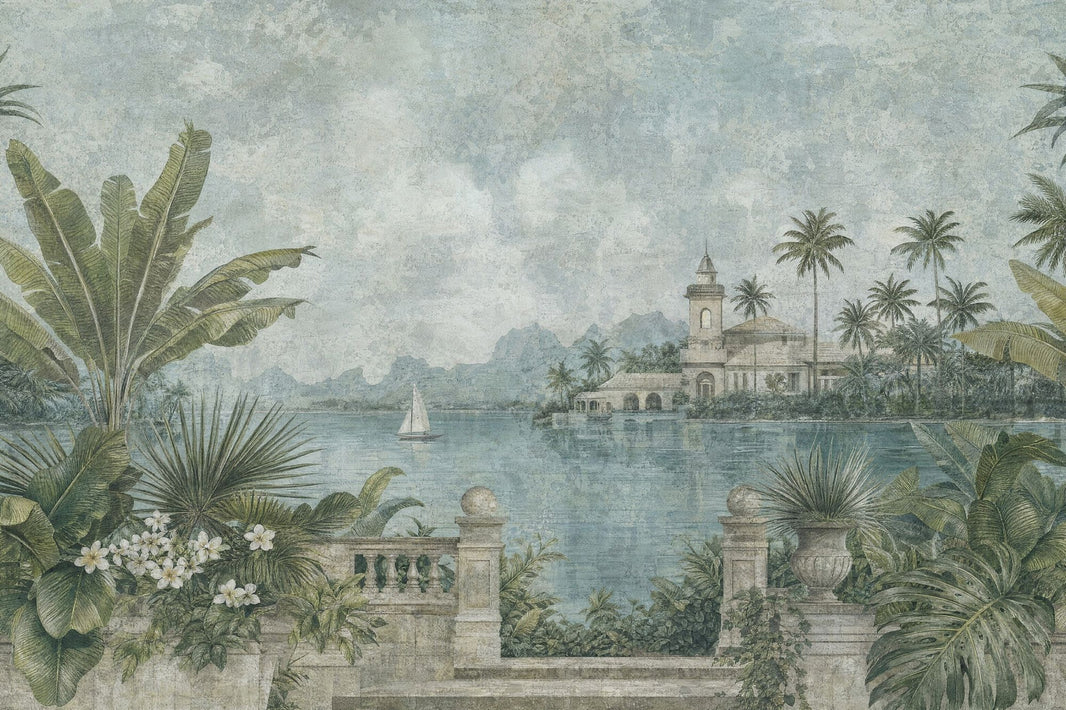 Tropical Landscape Wallpaper Vintage Terrace Wall Mural pattern artwork