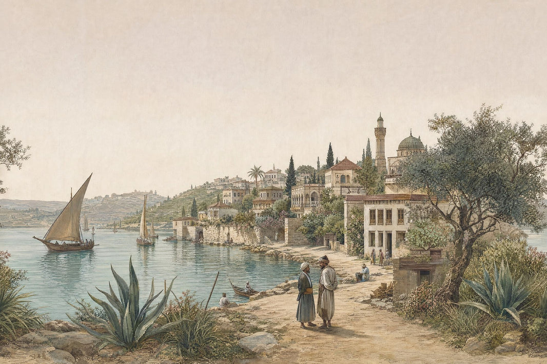 Mediterranean Coastal Village Wallpaper Vintage Landscape Wall Mural pattern artwork