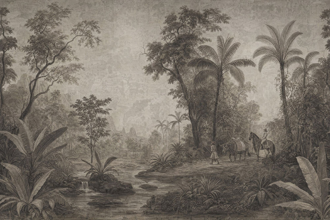 Vintage Tropical Jungle River Wallpaper Sepia Engraving Wall Mural pattern artwork