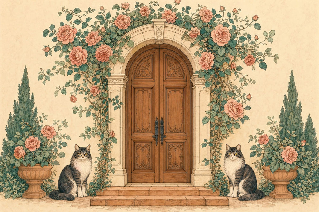 Rose Arbor Wooden Door Wallpaper Vintage Garden Wall Mural pattern artwork