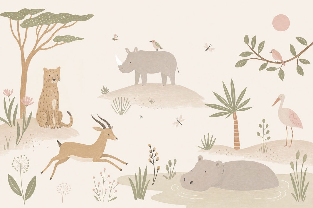 Pastel Safari Animals Wallpaper Botanical Nursery Wall Mural pattern artwork