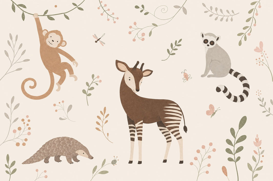Whimsical Jungle Animals Wallpaper Soft Ivory Nursery Wall Mural pattern artwork