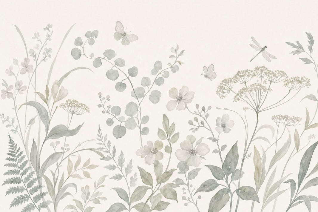 Wildflower Meadow Wallpaper Watercolor Sage Green Wall Mural pattern artwork