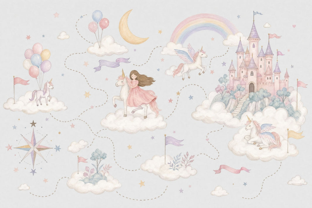 Unicorn Princess Castle Wallpaper Watercolor Fairy Tale Wall Mural pattern artwork