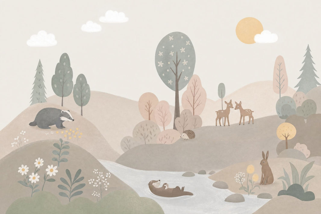Woodland Forest Animals Wallpaper Pastel Landscape Wall Mural pattern artwork
