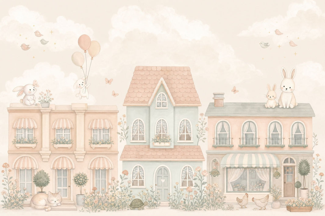 Pastel Village Bunnies Wallpaper Storybook Wall Mural pattern artwork