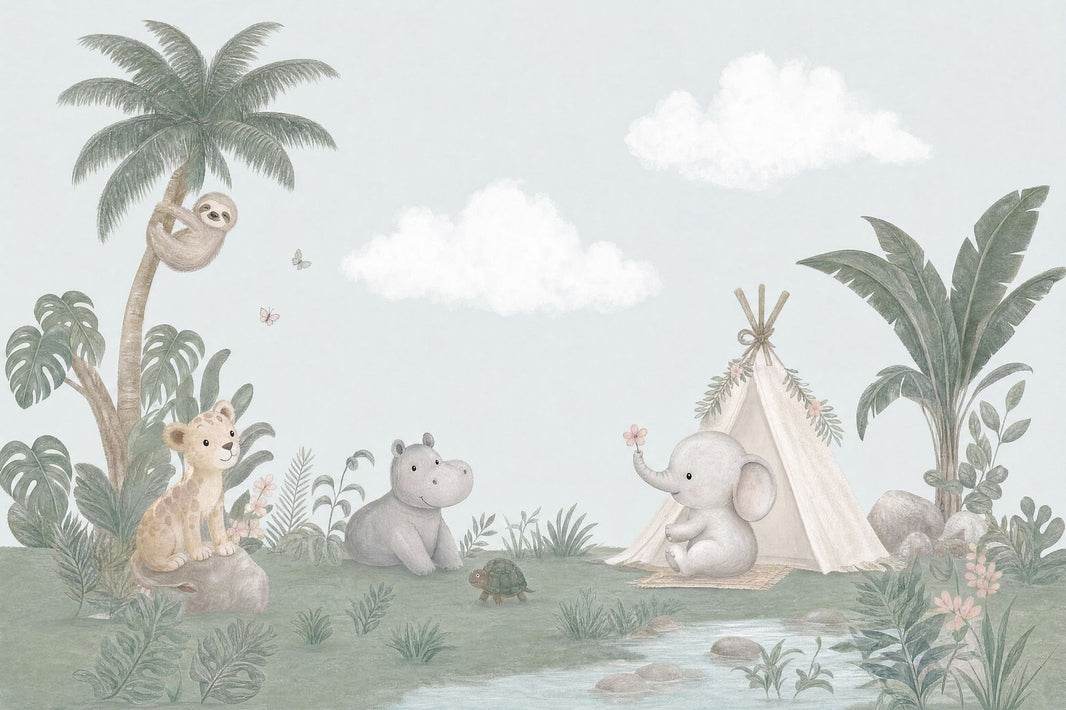 Pastel Jungle Safari Animals Wallpaper Watercolor Nursery Wall Mural pattern artwork