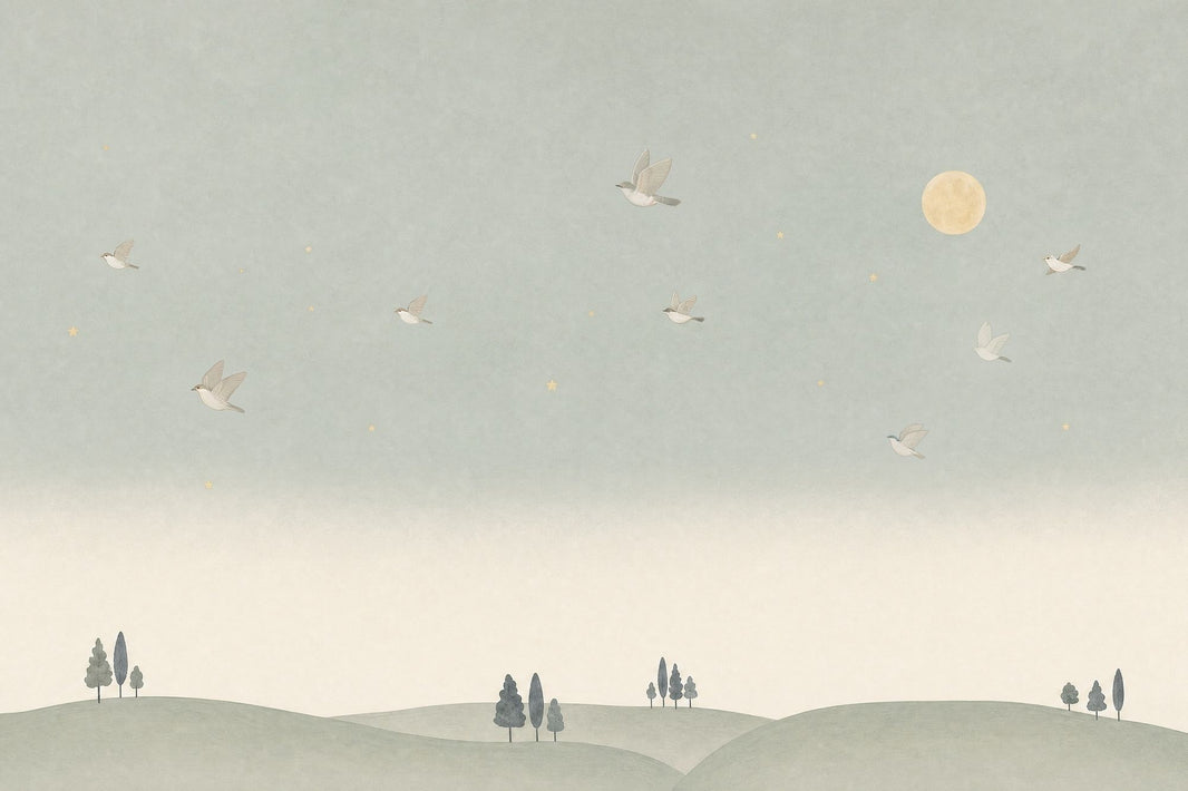 Moon And Birds Wallpaper Watercolor Landscape Wall Mural pattern artwork