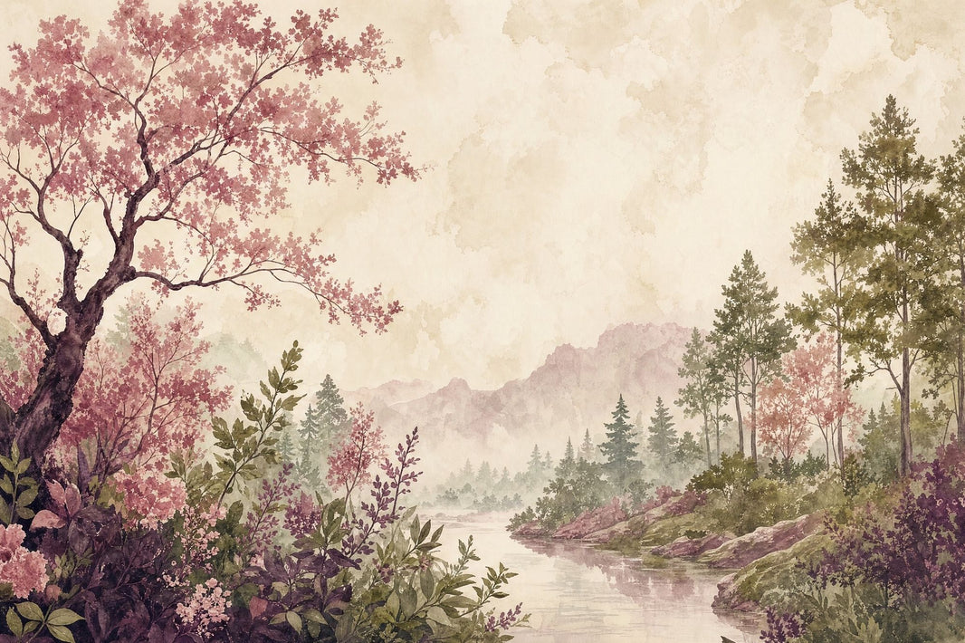 Pink Blossom Tree Wallpaper Watercolor Landscape Wall Mural pattern artwork