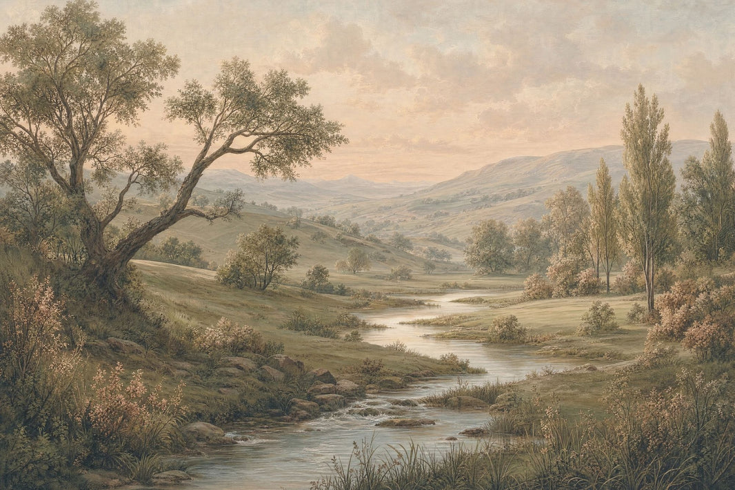 Pastoral River Landscape Wallpaper Vintage Countryside Wall Mural pattern artwork