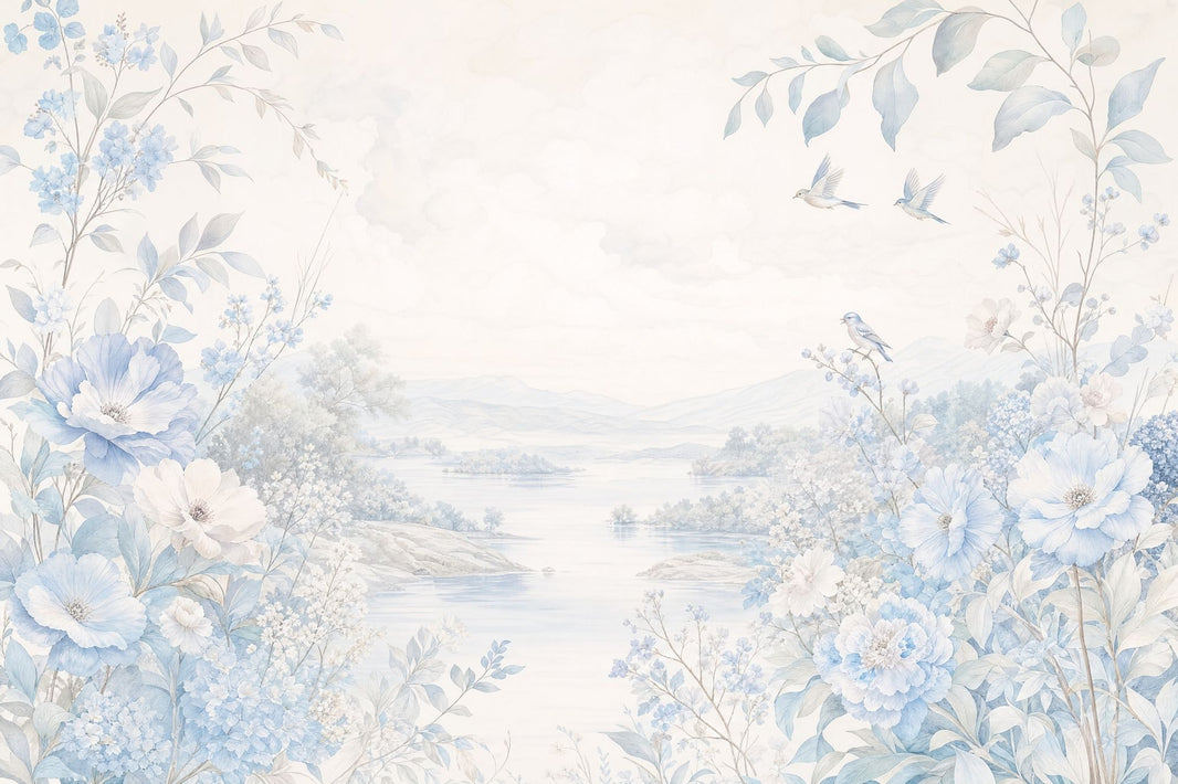 Blue Floral Landscape Wallpaper Watercolor Chinoiserie Wall Mural pattern artwork